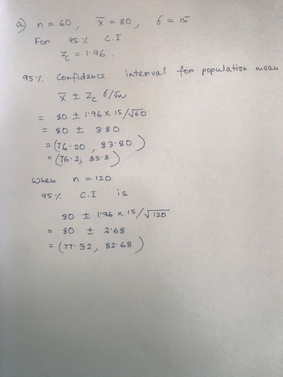 a) n=60 × = 80 そ= 1.96 95% Confido lica inter for population woan ( 20 33.30 3D ± l.96 Χ. IS // 120 80 + 2.68 = (77.32ノ 82.68