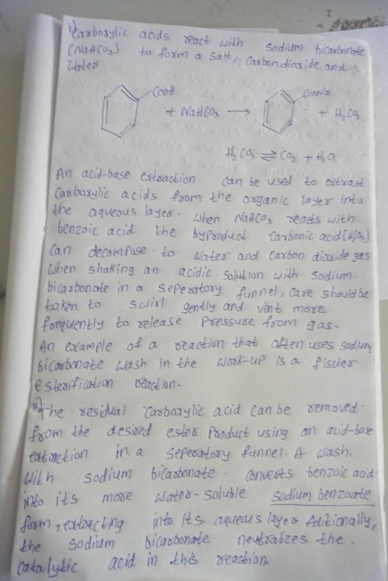 Darboxylic (Natcoal Weled acids react with sodium bicarbonate to form a salt, Carbon dioxide and a o CooH + NaHCO3 + HC ty ca