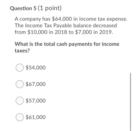 Question 5 (1 point) A company has $64,000 in income tax expense. The Income Tax Payable balance decreased from $10,000 in 20