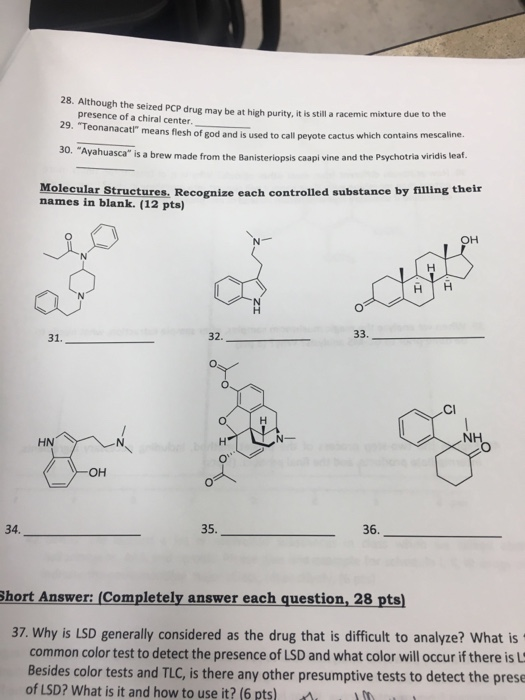 28. Although the seized PCP drue may be at high purity, it is still a racemic mixture due to the presence of a chiral center.