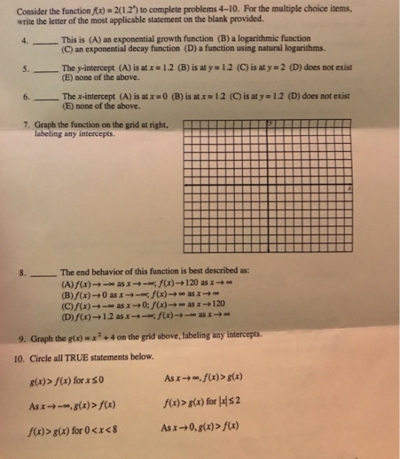 Consider the function Ax) 2(1.2) to complete problems 4-10. For the multiple choice items, This is (A) an exponential growth