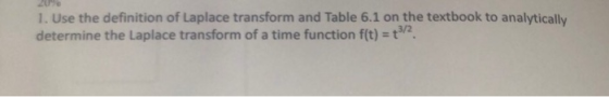 1. Use the definition of Laplace transform and Table 6.1 on the textbook to analytically determine the Laplace transform of a