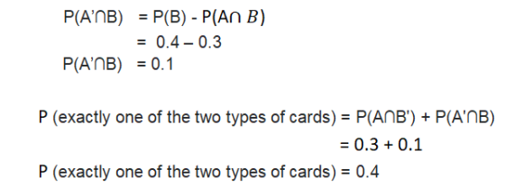 0.4-0.3 P(AnB) 0.1 P (exactly one of the two types of cards) - P(AnB)+ P(AnB) P (exactly one of the two types of cards) 0.4 0.30.1
