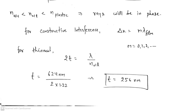 n lair <noil n plastic an ņ will be in phase. rays for constructive interference, sx= mifilm M=0,1,2,-- for thinnest, lt ^ no