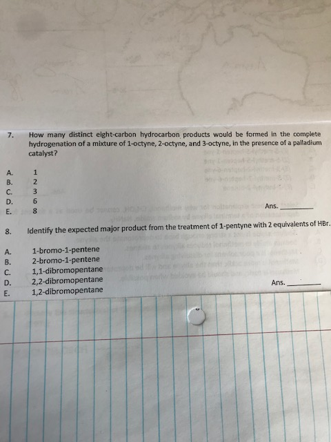 How many distinct eight-carbon hydrocarbon products would be formed in the complete hydrogenation of a mixture of 1-octyne, 2