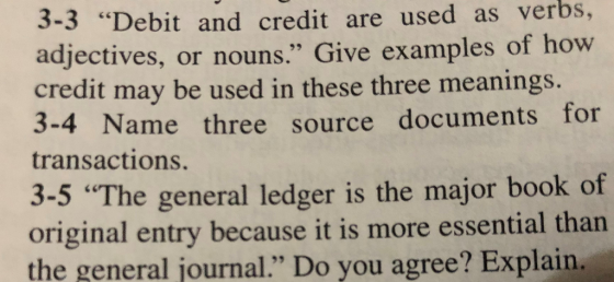 3-3 “Debit and credit are used as verbs, adjectives, or nouns. Give examples of how credit may be used in these three meanin