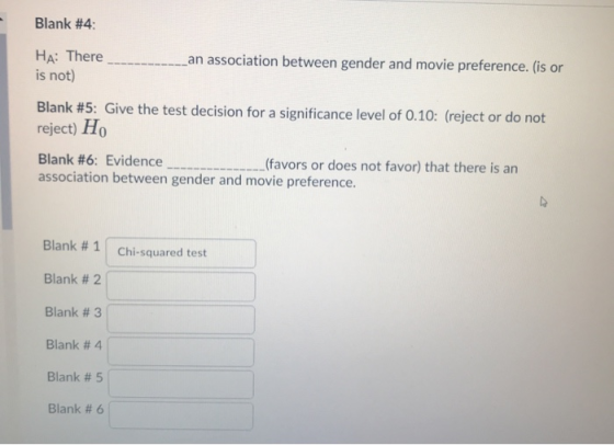 Blank #4: HA: There Lan association between gender and movie preference. (is or is not) Blank #5: Give the test decision for