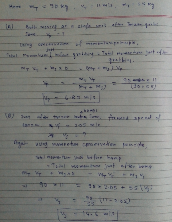 Here My = 90 kg V = 11 mis mg = 55 kg A) Both moving as a single unit after Tarzan grabs Jane, Using conservation of momentum