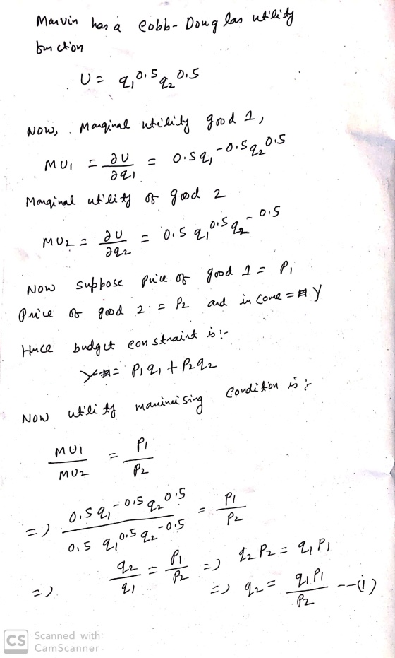 Marvin has a cobb-Dong las utility fonction Us 2, 0.522 0.5 əqi 2q2 Now : Marginal utility good 2, muidu = 0.54,-0.5.2015 Mar