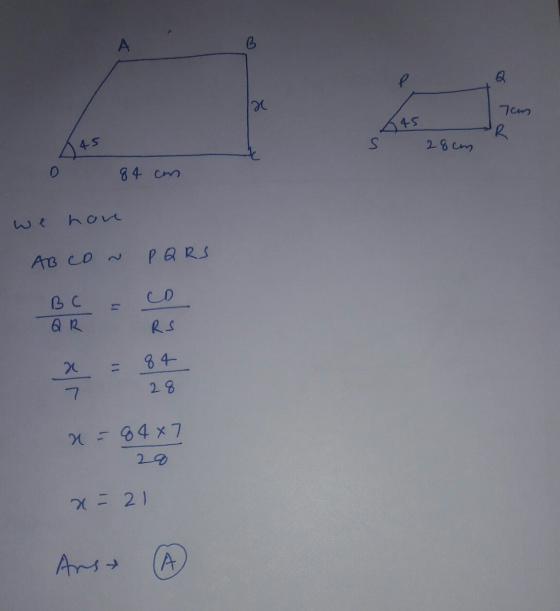 B P @ X Tom 445 R 45 S 28 cm 84 cm hove AB CD ~ P Q R S CD B C QR RS 84 28 7 x = 84x7 28 x = 21 Anst A