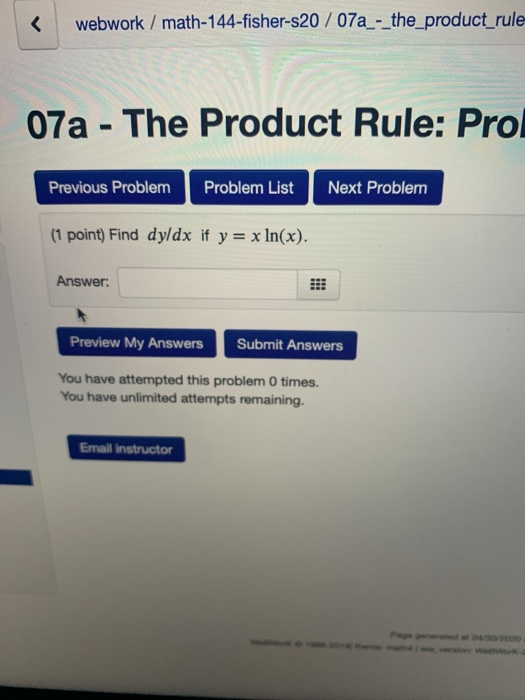 webwork/math-144-fisher-s20 /07a_-_the_product_rule 07a - The Product Rule: Prol Previous Problem Problem List Next Problem (