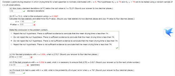 Consider a pa nt drying situation In which drying time or a test spec n-25 observations. en Is normally distributed with o 6 TI e ypotheses 0: ·74 and μく are to be tested using aan om sample of (a) How many standard devlations (of X) below the null value is x 72.3? (Round your answer to two declmal places.) 1.42 standard deviations (b) If x = 72.3, what is the conclusion using α-0.0067 Calculate the test statistic and detrmine the P-value. (Round your test statistic to two decimal places and your P-value to four decimal places.) P-value0.00 State the concluslon In the problem context. z =-1.42 ● Reject the null hypothesis. There is sufficient evidence to conclude that the mean drying time is less than 74. Do not reject the null hypothesis. There is sufficient evidence to conclude that the mean drying time is less than 74 Do not reject the null hypothesis. There is not sufficient evidence to conclude that the mean drying time is less than 74 Reject the null hypothesis. There is not sufficient evidence to conclude that the mean drying time is less than 74 (c) For the test procedure with α-0.006, what is β(70)? (Round your answer to four decimal places.) β(70)-0.1587 | X (d l the test procedure with r = n-49 006 s used what n s necessary to ensure that ופ 70 : 0.017 Round your answer up to the next whole number. x specimens (e) If a level 0.01 test is used with 0.0000 = 100, what is the probability of a type 1 error when μ = 767 (Round your answer to four decimal places.)