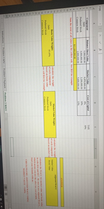 F30 X fr Balance Sheet Value Market Value Cost of Capital Component Debi Preferred Stock Common Stock F Su the total values i