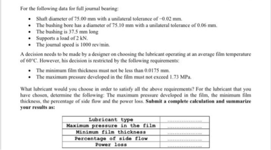 For the following data for full journal bearing: Shaft diameter of 75.00 mm with a unilateral tolerance of -0.02 mm. • The bu
