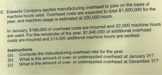 52. Edwards Company applies manufacturing overhead to jobs on the basis of machine hours used. Overhead costs are expected to