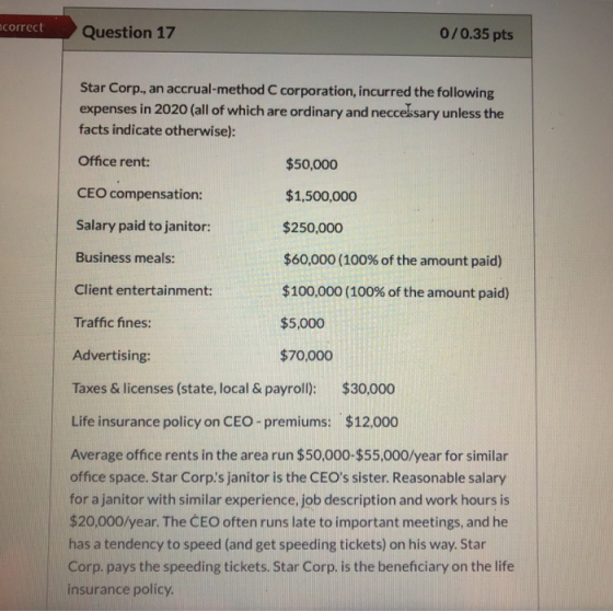ncorrect Question 17 0/0.35 pts Star Corp., an accrual-method C corporation, incurred the following expenses in 2020 (all of