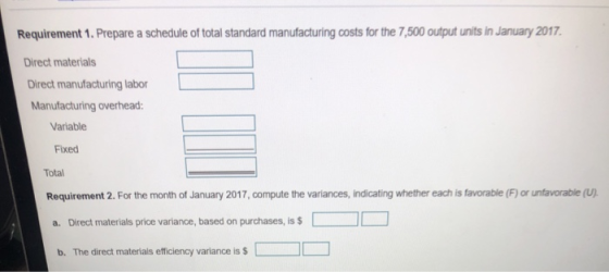 Requirement 1. Prepare a schedule of total standard manufacturing costs for the 7,500 output units in January 2017 Direct mat