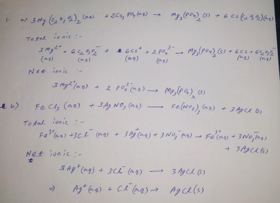 1. as 3 mg (H₂O2), Cag) 209, Poy (aq) → mg, (PO4) (s) +6. Total ionic: eb) 3 mg 2 + 6 H₂0 & abest + 2poy mg, (poy) (6) + 6 CS