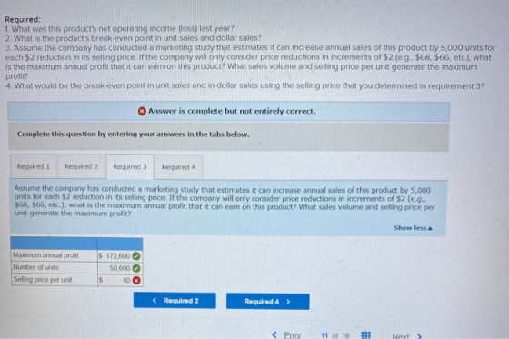 Required: 1 What was this products net operating income (loss) last year? 2. What is the products break-even point in unit