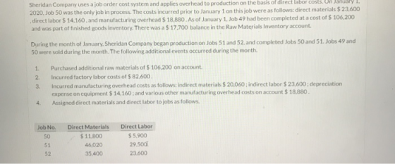 Sheridan Company uses a job order cost system and applies overhead to production on the basis of direct labor costs. Un Janua