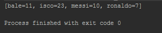 [bale-11, isco-23, messi-10, ronaldo-7] Process finished with e xit code 0