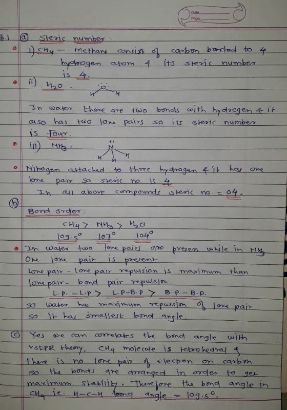 Data Page Steaic numbes CH4Methare hycleogen atom is 4 Consist 61 canbon bordled to Steric numbea its и bonds with hy dragen