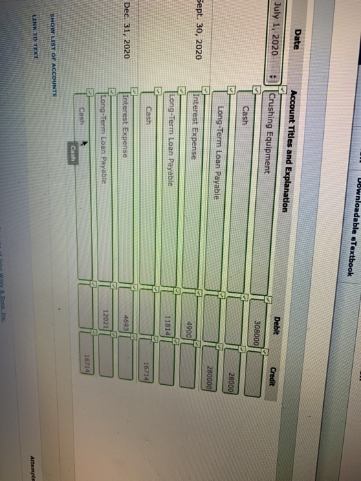 Downloadable eTextbook Date July 1, 2020 Account Titles and Explanation Crushing Equipment Debit Credit 308000U Cash 28000 Lo