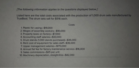[The following information applies to the questions displayed below.) Listed here are the total costs associated with the pro