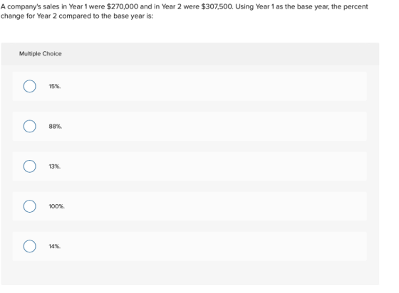 A companys sales in Year 1 were $270,000 and in Year 2 were $307,500. Using Year 1 as the base year, the percent change for