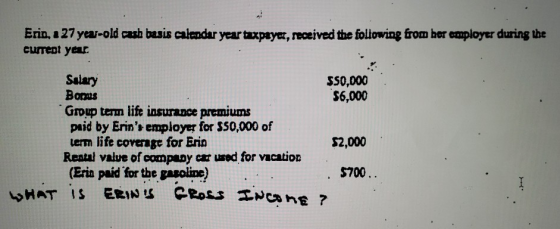 Erio, a 27 year-old cusb basis calendar year taxpayer, received the following from ber employer during the currept you Salary