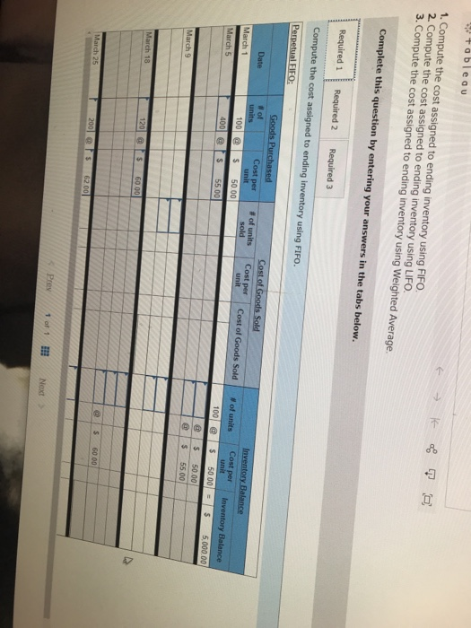 tableau 1. Compute the cost assigned to ending inventory using FIFO. 2. Compute the cost assigned to ending inventory using L