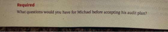 Required What questions would you have for Michael before accepting his audit plan?