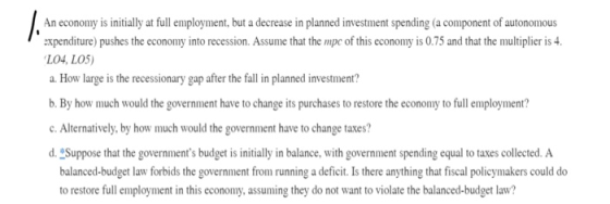 An economy is initially at full employment, but a decrease in planned investment spending (a component of autonomous expendit