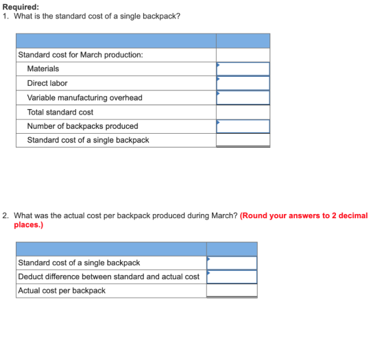 Required: 1. What is the standard cost of a single backpack? Standard cost for March production: Materials Direct labor Varia
