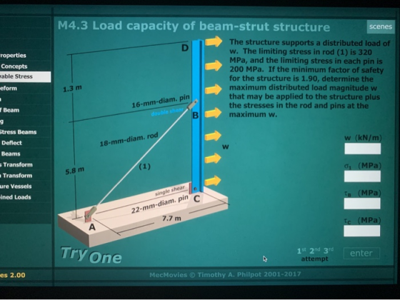 scenes roperties Concepts wable Stress eform M4.3 Load capacity of beam-strut structure The structure supports a distributed