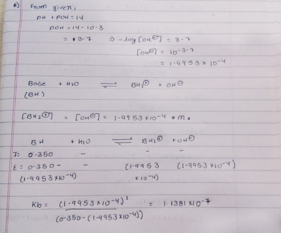 Froom given, рн + Рон - 1 ч рон - (Ч-10-3 - 3-4 ) - log [оң е] - 3-7 Гоне) - 10-3-7 - 1-4453x [0ч + H2O Base (Вн) вн,® + оно