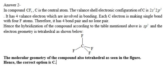 Answer 2 compound CF4, Cis the central atom. The It has 4 valance electron which are involved in bonding. Each C electron is