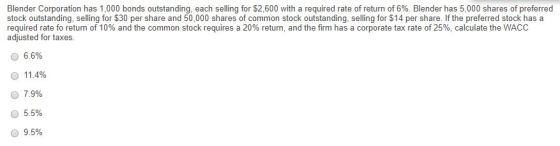 Blender Corporation has 1,000 bonds outstanding, each selling for S2600 with a required rate of return of 6%. Blender has 5,0