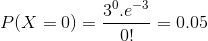 P(X=0) = \frac{3^0.e^{-3}}{0!} = 0.05