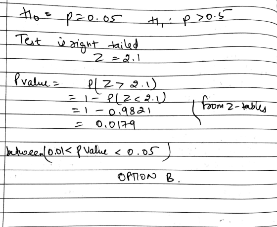 t, po.s I too p=0.05 Test is right tailed º 2 -2.1 1 P value = el 27 2.1) = = P(2.2.1) = 1-0 19821 = 0.0179 from 2-tably betw