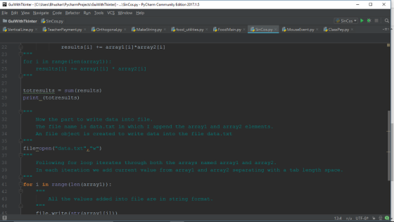 PC GuiWithTkinter [CUsers Bhushan\PycharmProjectsl GuiWithTkinter]-.SinCos,py - PyCharm Community Edition 2017.1.5 Eile Edit