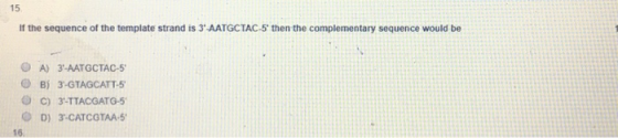 If the sequence of the template strand is 3-AATGCTAC-5 then the complementary sequence would be A) 3-AATGCTAC-5 OB) 3-GTAG