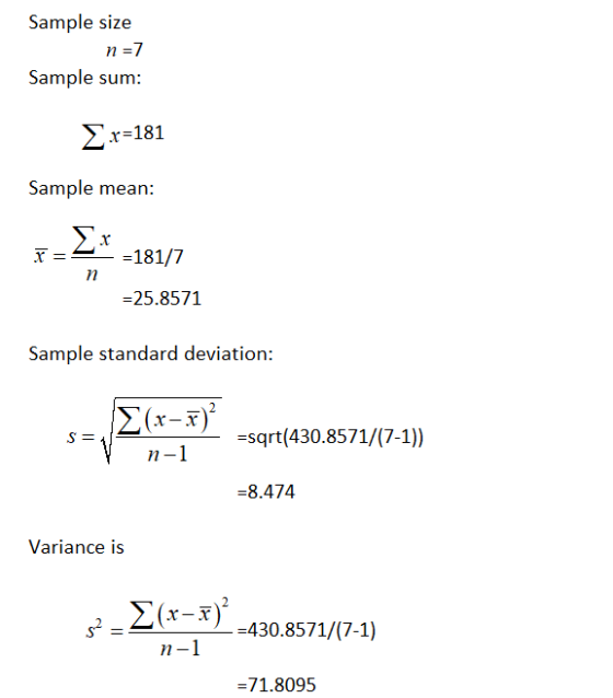 Sample size n=7 Sample sum: .-=181 Sample mean: F=2* =181/7 =25.8571 Sample standard deviation: 2(x-7) - Esqrt(430.8571/(7-1)