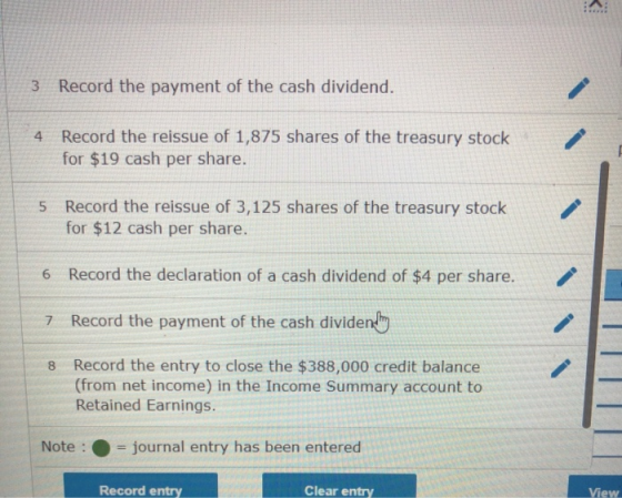 3 Record the payment of the cash dividend. Record the reissue of 1,875 shares of the treasury stock for $19 cash per share. 4