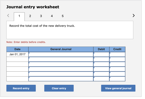 Journal entry worksheet < 1 2 3 4 5 Record the total cost of the new delivery truck. Note: Enter debits before credits. Gener