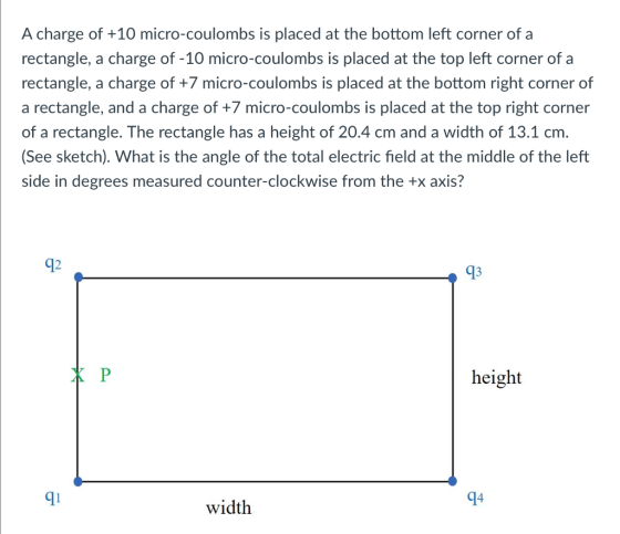 A charge of +10 micro-coulombs is placed at the bottom left corner of a rectangle, a charge of -10 micro-coulombs is placed at the top left corner of a rectangle, a charge of +7 micro-coulombs is placed at the bottom right corner of a rectangle, and a charge of +7 micro-coulombs is placed at the top right corner of a rectangle. The rectangle has a height of 20.4 cm and a width of 13.1 cm. (See sketch). What is the angle of the total electric field at the middle of the left side in degrees measured counter-clockwise from the +x axis? 92 93 X P height 91 width