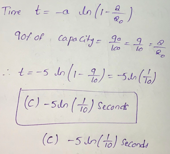 Time t= -a Q - 1) ما .O 90/ of capacitiga ga - 9 lo loo ao . t=-5 ds (1-2) = -5ch (to) (c)-sels (te) Seconds (C) -5cbs to) se
