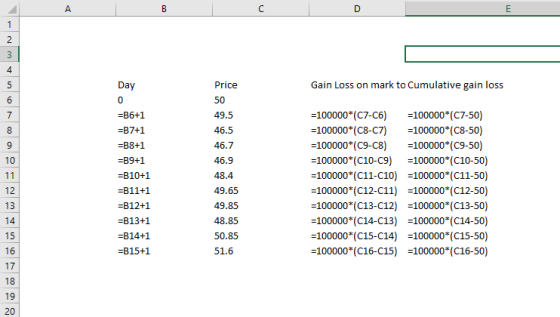 4 Day Gain Loss on mark to Cumulative gain loss Price 50 49.5 46.5 46.7 46.9 48.4 49.65 49.85 48.85 50.85 51.6 -100000*(C7-C6) 100000* (C7-50) -100000* (C8-C7) 100000*(C8-50) -100000*(C9-C8) 100000* (C9-50) B6+1 B7+1 B8+1 B9+1 В 10+1 В 11+1 В 12+1 B13+1 B14+1 B15+1 10 100000(C10-С9) -100000(C10-50) -100000* (C11-C10)100000* (C11-50) -100000* (C12-C11100000* (C12-50) -100000* (C13-C12)100000*(C13-50) -100000* (C14-C13)100000* (C14-50) -100000*(C15-C14) 100000* (C15-50) -100000* (C16-C15)100000* (C16-50) 12 13 16 17 18 19 20