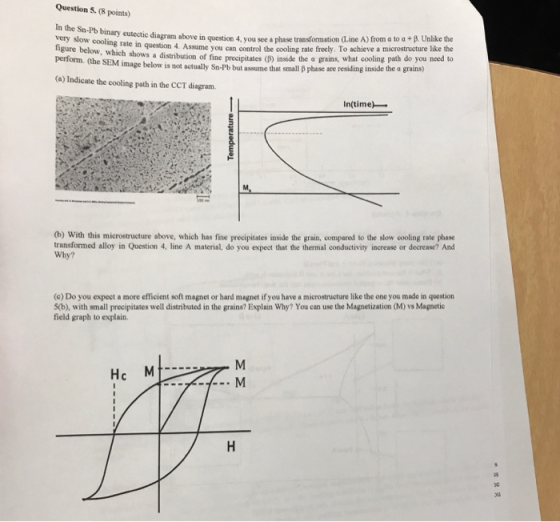 Question S. (8 points) In the Sn-Pb binary eutectic diagram very slow cooling rate in figure below nbove in question 4, you see a phase transformation (Line A) from a to a +B. Unlike the question 4. Assume you can control the cooling rate freely. To achieve a microstructure like the shows a distribution of fine precipitates insde the a grains, what cooling path do you need to 4, you perform. (the SEM image below is not actualy Sn-Pb but assume that small p phase are residing inside (a) Indicate the cooling path in the CCT diagram. In(time) (b) With this microstructure above, which has fine precipitates inside the grain, compared to the slow cooling rate phase Why? transformed alloy in Question 4, line A material, do you expect that the thermal conductivity increase or decrease? And (c) Do you expect a more efficient soft magnet or hard magnet if you have a microstructure like the one you made in question 5(b), with small precipitates well distributed in the grains? Explain Why? You can use the Magnetization (M) vs Magnetic field graph to explain. Hc Mt- ve