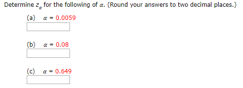 Determine z for the following of a. (Round your answers to two decimal places.) (a) a0.0059 (b) a 0.08 (c) a0.649